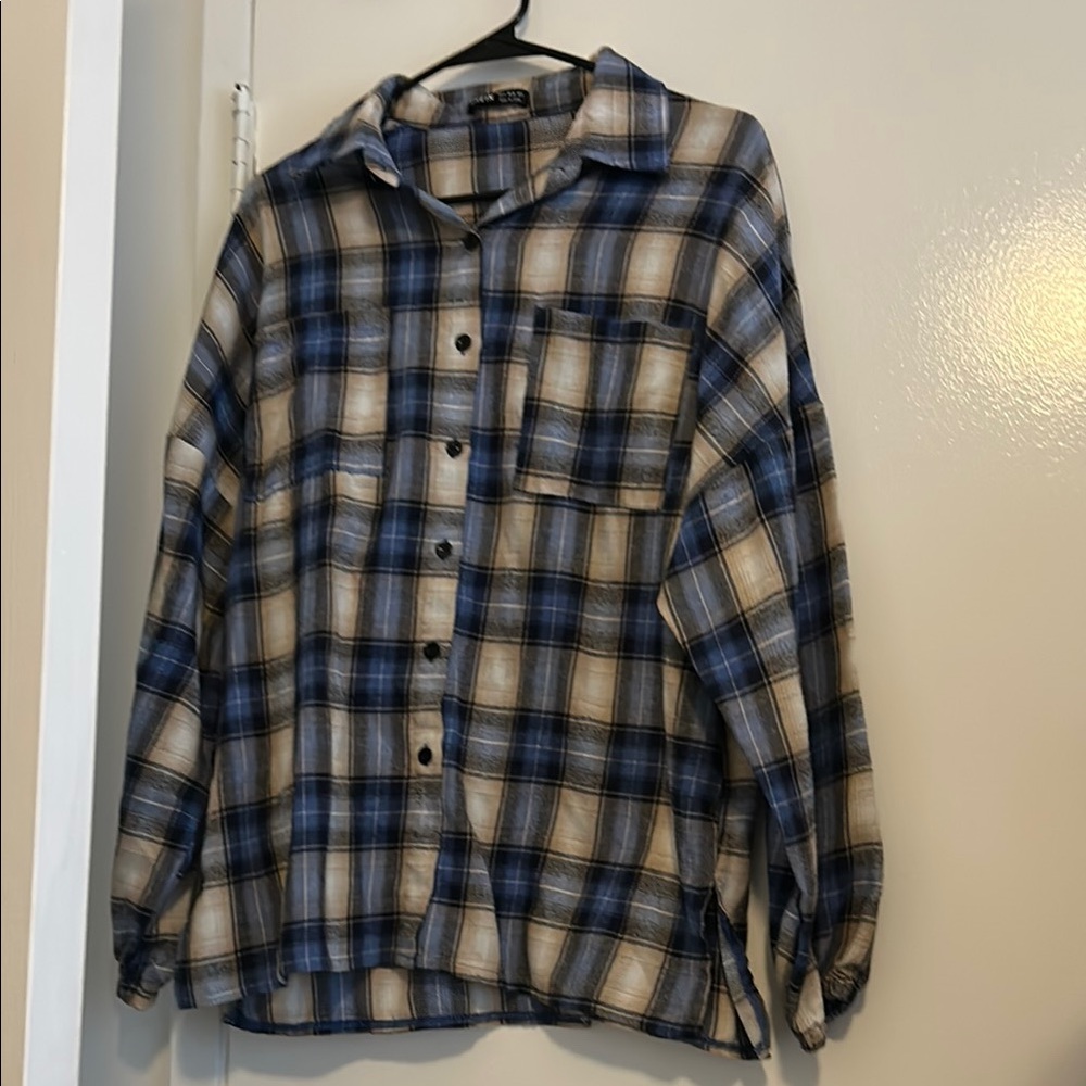 SHEIN Blue and Tan Plaid Shirt